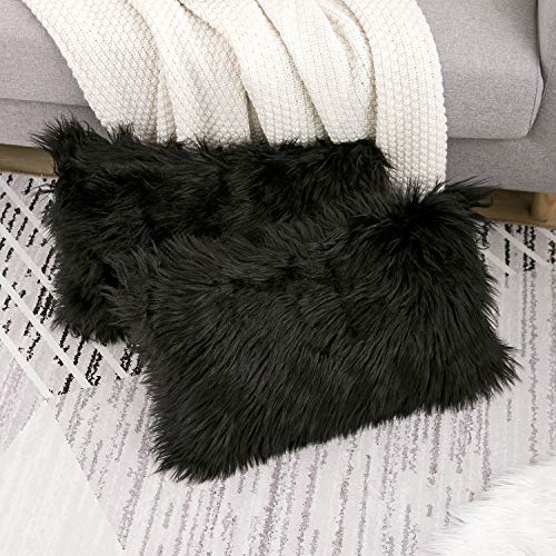 WLNUI Set of 2 Black Decorative Pillow Covers New Luxury Series Merino Style Faux Fur Fluffy Throw Pillow Covers Square Fuzzy Cushion Case 20x20 Inch