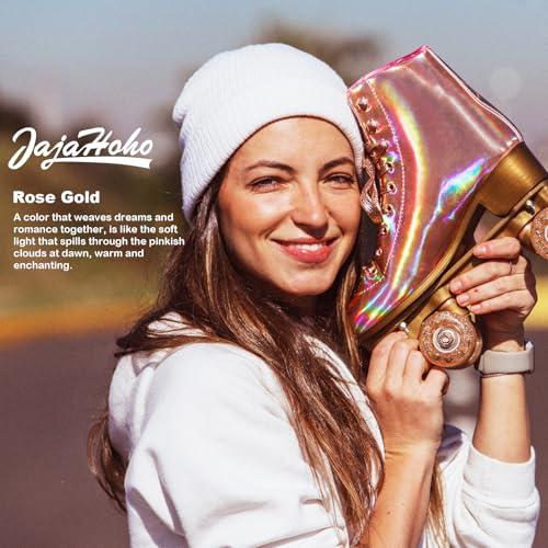 JajaHoho Roller Skates for Women, Holographic High Top PU Leather Rollerskates, Shiny Double-Row Four Pink Glitter Wheels Quad Skates for Girls and Age 8-50 Indoor Outdoor (Size 1, Rose Gold)