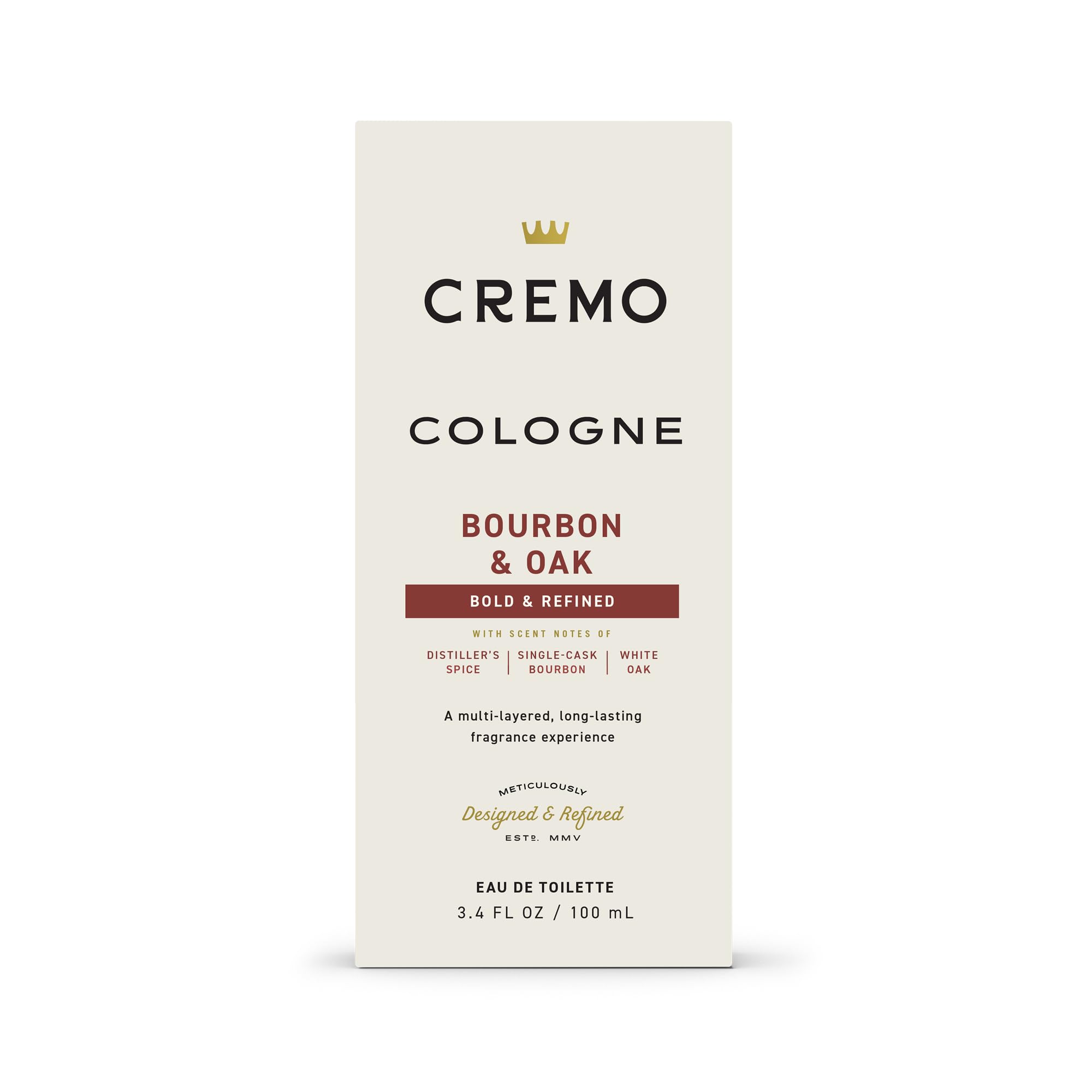 Cremo Cologne for Men - Bourbon & Oak Mens Cologne Spray - A Sophisticated Blend of Distiller’s Spice, Fine Bourbon and White Oak, Fragrances For Men, 3.4 Fl Oz