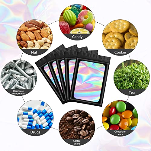 Funfery 100 pcs Pink Smell Proof Mylar Holographic Bags, Clear Resealable Odor Proof Foil Pouch Bag for Food Storage, Jewelry, Eyelash Packaging,Gloss,Small Business (6.3x9.4In)