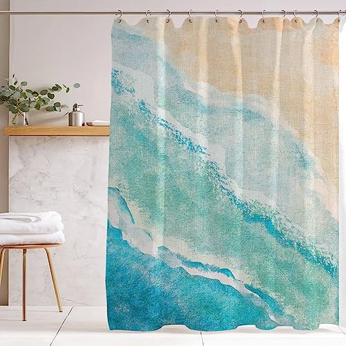De-Mediocre 4 Pcs Beach Shower Curtain Sets Blue Ocean Water Drop Sea Waves Bath Mat Decor Bathroom Toilet Mat Lid Cover U Shaped Non-Slip Rug Accessories Fabric Polyester 72x72 Inch
