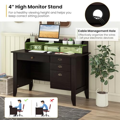 Tangkula Computer Desk with 4 Storage Drawers & Hutch, Home Office Desk Vintage Desk with Storage Shelves, Wooden Executive Desk Writing Study Desk (Black)