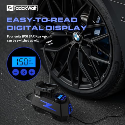 FADAKWALT Tire Inflator Portable Air Compressor, DC 12V Tire Air Pump with LED and 150PSI Digital Pressure Gauge, Portable Tire Inflator for Car Tires, Motorcycles, Bike, Ball (Yellow)