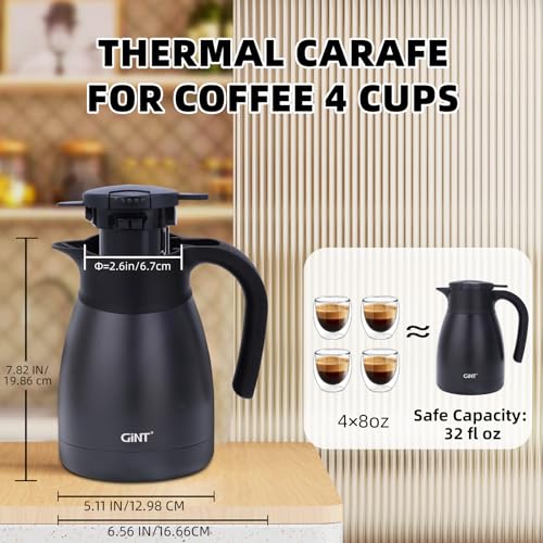 GiNT 1L / 34Oz Thermal Coffee Carafe, Insulated Stainless Steel Coffee Carafes for Keeping Hot/Double Walled Vacuum Thermal Carafe (Black)