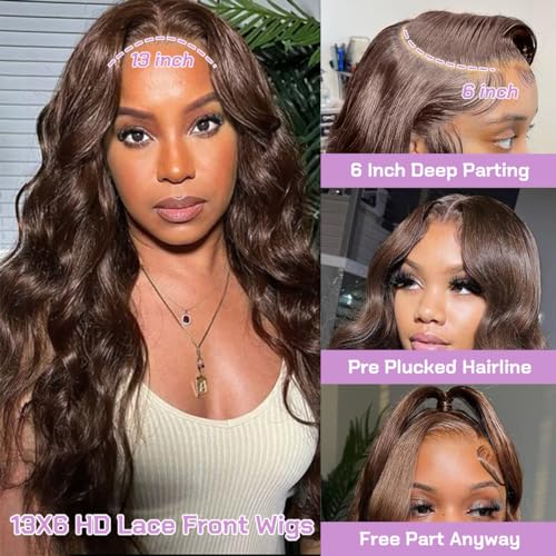 20 Inch 13x6 Chocolate Brown Lace Front Wig Body Wave Glueless Wig Human Hair 200% Density Hd Transparent Front Wigs Human Hair Pre Plucked with Baby Hair Brown Colored Wigs for Women Human Hair