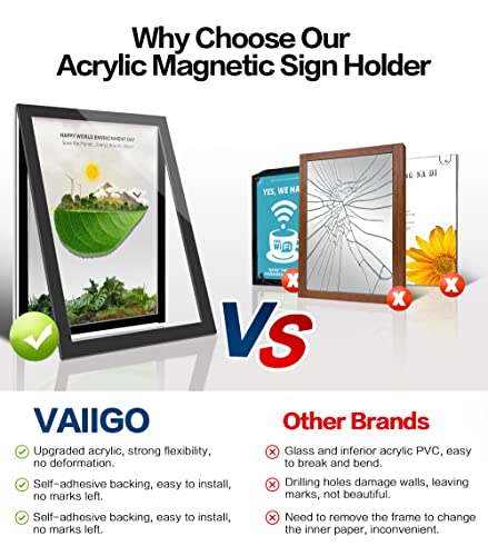 VAIIGO 8.5" x 11" Acrylic Sign Holder Wall Mount, Self-Adhesive Magnetic Display Frame with Nano Tape and Strong Magnetic Border for Wall, Door, Glass, Home, Store, Office (Black, 3Pack)