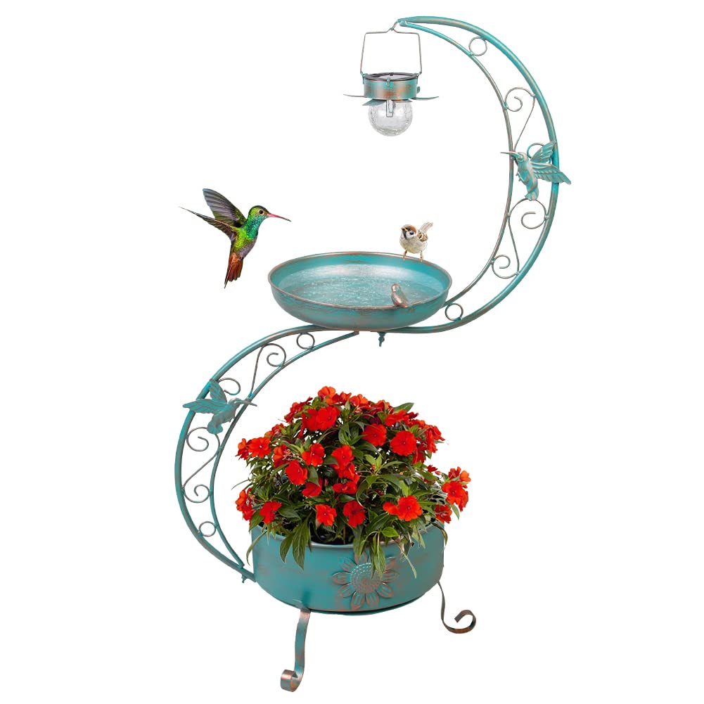 DREAMSOUL Bird Bath with Flower Planter Pedestal, 36" Bird Baths for Outdoors with Solar Lighting Lamp, Vintage Birdbath for Garden Yard Patio Lawn Decor