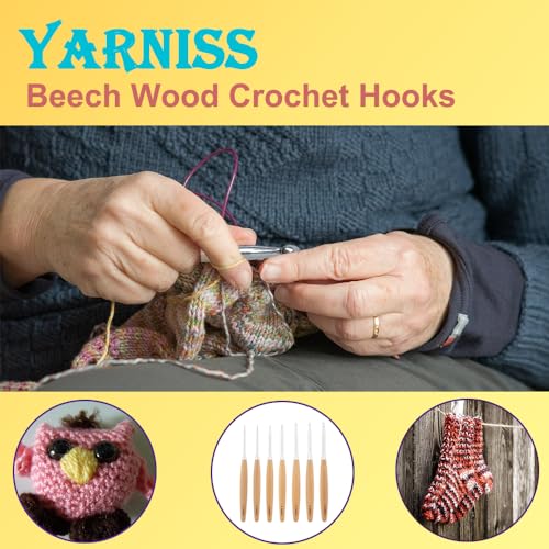 Yarniss Beech Wood Crochet Hooks Set with Case,Ergonomic Handle Crochet Hooks Set 3.0mm~6.0mm