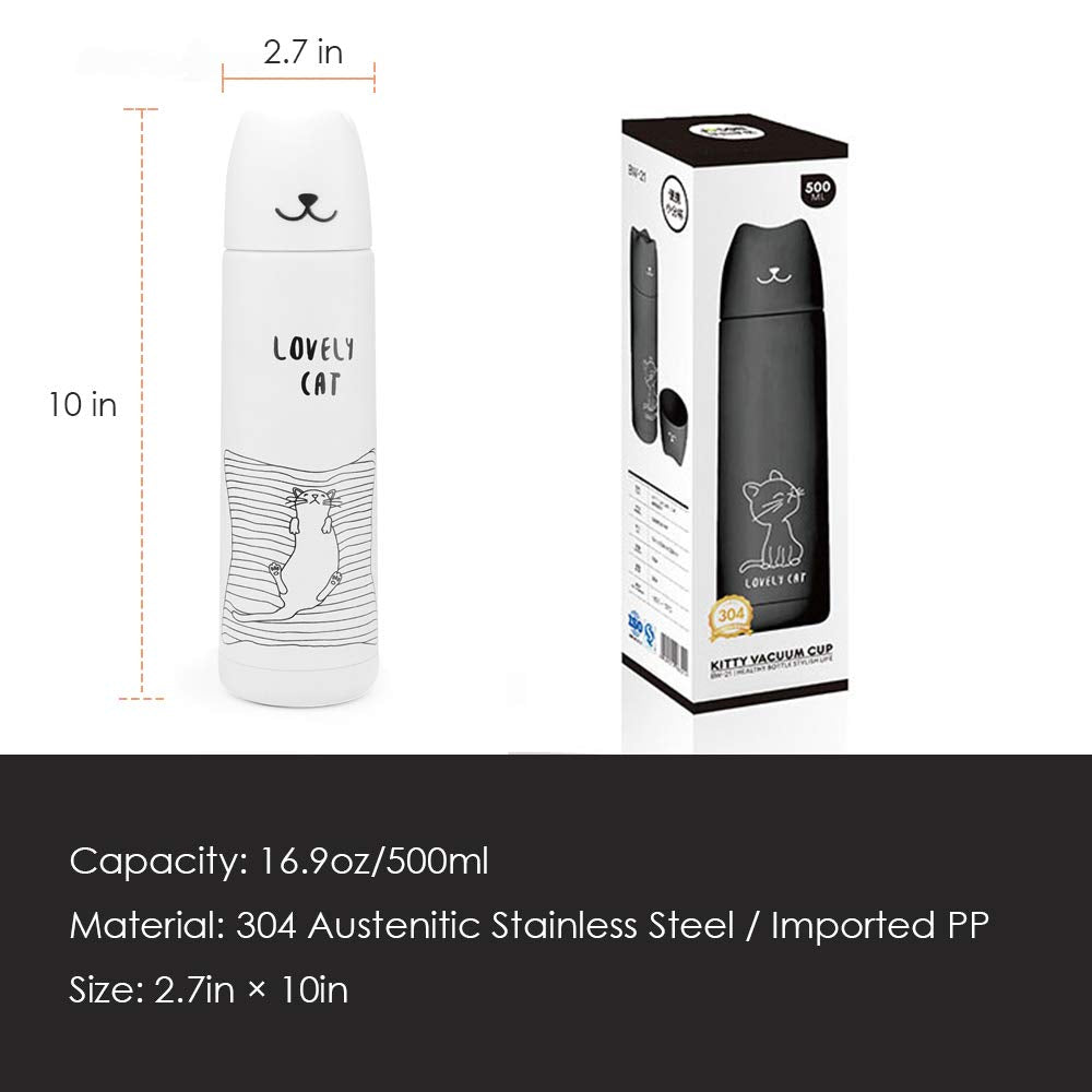 DIFFLIFE Cute Water Bottle For School, Vacuum Insulated Stainless Steel Thermos Mug,2019 New Cute Animals Insulation Bottle (White Cat) (YUNDA)