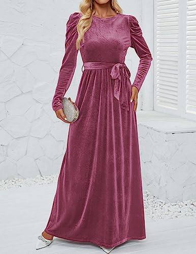 ZESICA Women's Velvet Maxi Dress Long Puff Sleeve Crew Neck Elastic High Waist Cocktail Party Bridesmaid Dresses,Black,Medium