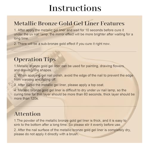 RARJSM Metallic Nail Art Gel Liner Bronze Gold Mirror Chrome 3D Effect Gel Nail Polish 8ml Build in Thin Brush Metal Painted Drawing Striper Painting Gel Polish Soak off Curing Requires for Home Salon