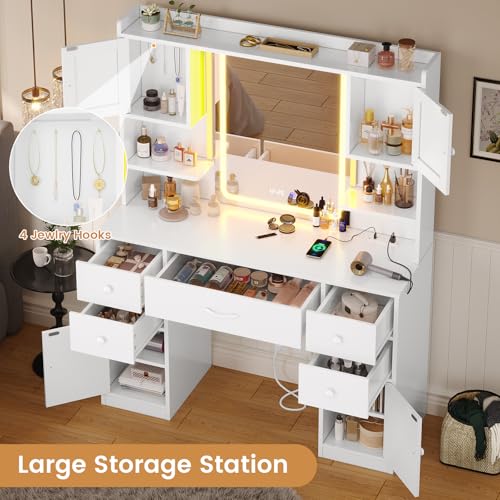 Tiptiper Large Vanity Desk with Mirror and Lights, Makeup Vanity with Lights and Charging Station, Vanity Table with Smart Mirror with Time Display, Makeup Table with 5 Drawers, White