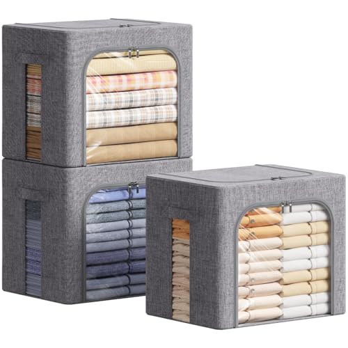 Lifewit Clothes Storage Bins with Metal Frame, Stackable Storage Box, Foldable Clothing Storage Bins with Lids, 40L Storage Bags Fabric Box Organizer with Clear Window& Zippers& Sturdy Handles 3 Pack