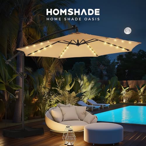 HOMSHADE 10ft Solar Lights Offset Cantilever Patio Umbrella - w/Light, LED Lighted Offset Hanging Patio Outdoor Market Umbrella UPF50+ UV Protection with Easy Tilt and Crank (Beige)