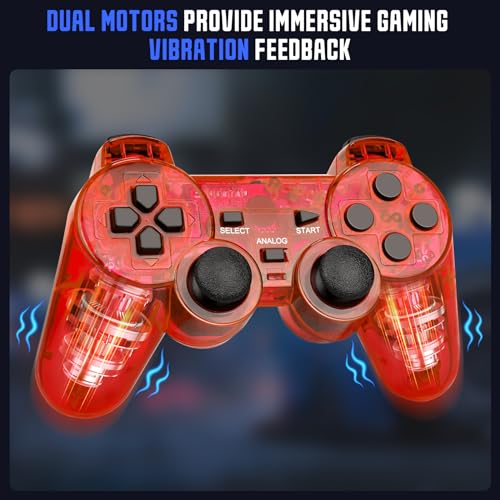 Doueuain Wired Controller for PS2, 2 Pack Gamepad Remote Double Shock Compatible with Play station 2, with 1.8M Cable(Clear Red and Clear Blue)
