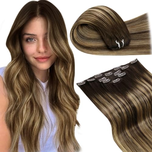 LaaVoo Clip in Hair Extensions Blonde Highlights 12 Inch Ash Blonde Mix Bleach Blonde Real Hair Extensions Clip in Human Hair Silky Straight 5pcs 80G