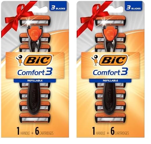 BIC Comfort 3 Refillable Three-Blade Disposable Razor for Men, Sensitive Skin Razor For a Comfortable Shave, 1 Handle and 6 Cartridges, 7 Piece Razor Set (Pack of 2)