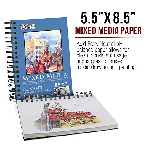 U.S. Art Supply 5.5" x 8.5" Mixed Media Paper Pad Sketchbook, 2 Pack, 60 Sheets, 98 lb (160gsm) - Spiral-Bound, Perforated, Acid-Free - Artist Sketching, Drawing, Painting Watercolor, Acrylic, Wet Dry