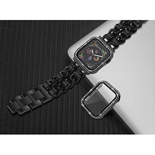 Mosonio Compatible for Apple Watch Band 38mm with Screen Protectors Case Women, Jewelry Bracelet Metal Bands with 2-Pack Bling Case Cover for 38mm iWatch Series 3 2 1(Black Link with Black Leather)
