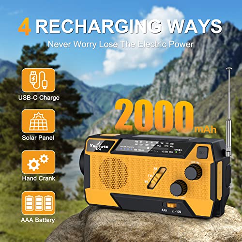 Yesiwtc 7400mWh NOAA Emergency Weather Radio with 3 in 1 Charging Cable Emergency Radio Solar Hand Crank Alert Radio 3 Power Supply Methods with SOS Alarm, Flashlight for Hurricane Emergency