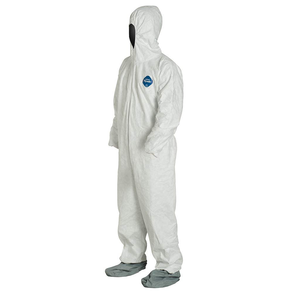 DuPont DUPTY122SXL Tyvek Elastic-Cuff Hooded Coveralls with Boots, White, X-Large Size, Pack of 25