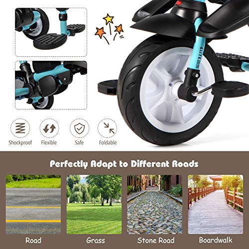 BABY JOY Tricycle, 7 in 1 Folding Toddler Bike w/Removable Push Handle, Rotatable Seat, Adjustable Canopy, Safety Harness, Storage, Cup Holder, Trike for 1-5 Year Old, Tricycle for Toddlers (Blue)