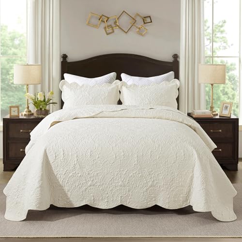 HoneiLife King Quilt Bedding Set - Velvet Quilt Sets 3-Pieces, Lightweight Bedspreads Solid Coverlets Retro Bed Cover Quilt King Size All Season Quilts, Nature White