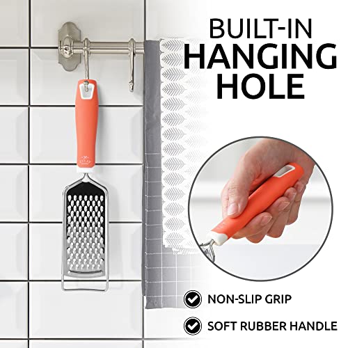 Zulay Kitchen Professional Cheese Grater Stainless Steel - Durable Rust-Proof Metal Lemon Zester Grater With Handle - Flat Handheld Grater For Cheese, Chocolate, Spices, And More - Black