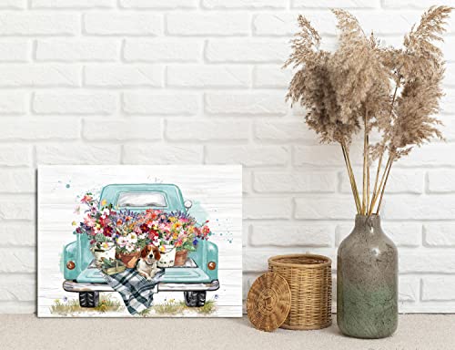 LAIART Old Truck with Flowers Farmhouse Rustic Style Decor Canvas Print Wall Art Bathroom Picture