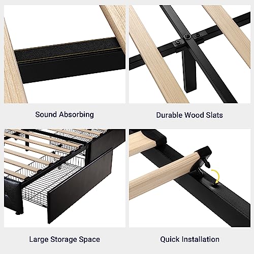 Allewie Upholstered Queen Size Platform Bed Frame with 4 Storage Drawers and Headboard, Diamond Stitched Button Tufted, Mattress Foundation with Wooden Slats Support, No Box Spring Needed, Black Brown