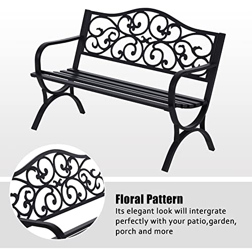 MFSTUDIO 50 Inches Outdoor Garden Bench, Cast Iron Metal Frame Patio Park Bench with Floral Pattern Backrest, Arch Legs for Porch Lawn Garden Yard(Black)