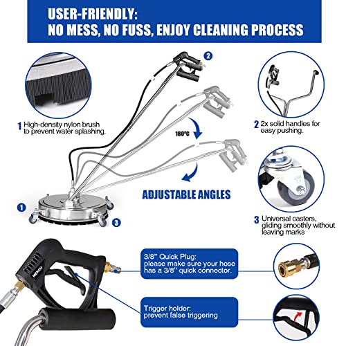 MEKOH Pressure Washer Surface Cleaner 22'', 4500PSI Stainless Steel Surface Cleaner Attachment with Wheels, Power Washer Accessory for Driveway Sidewalk Curb Deck Patio Cleaning, 3/8'' Quick-Connect