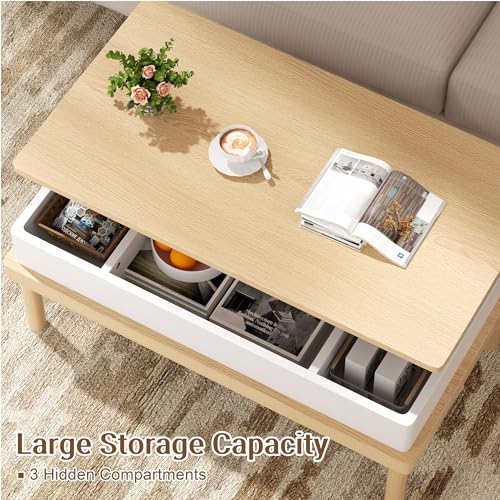 Shintenchi Coffee Table, Lift Top Coffee Table with Hidden Compartment, Rising Tabletop Dining Table, Lift Top Coffee Center Table for for Living Room, Office, Home (Ivory)