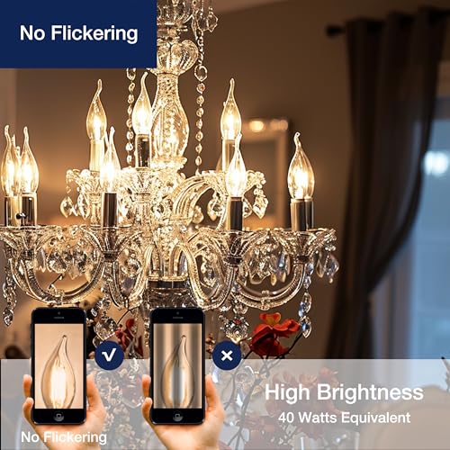 FLSNT CA11 E26 LED Candelabra Bulbs, Dimmable LED Chandelier Light Bulbs, 40W Equivalent, 2200K Warm White Light, 330LM, Amber Glass Finishing, 6 Pack