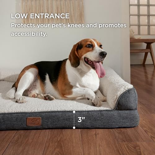 Bedsure Memory Foam Dog Bed for Large Dogs - Orthopedic Egg Foam Dog Sofa Bed with Soft Sherpa Surface, Bolster Pet Couch with Removable Washable Cover, Waterproof Layer and Nonskid Bottom, Dark Grey
