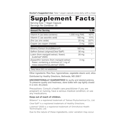 DOCTORS' PREFERRED Clinical-Grade OcuGold with Lutein and Zeaxanthin, Bilberry, Saffron for Macula & Retina Health, Digital Eye Strain, Eye Fatigue and Visual Performance - 30 Vegan Capsules