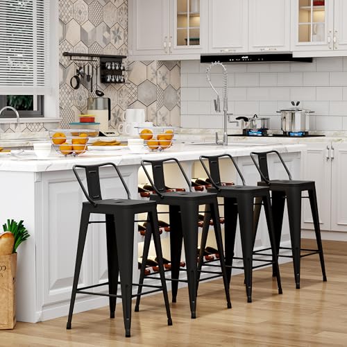Changjie Furniture Industrial Metal Bar Stools with Backs Set of 4, Counter Height Barstools for Home Kitchen, Durable and Stylish Bar Stools Set (24 inch, Matte Black)