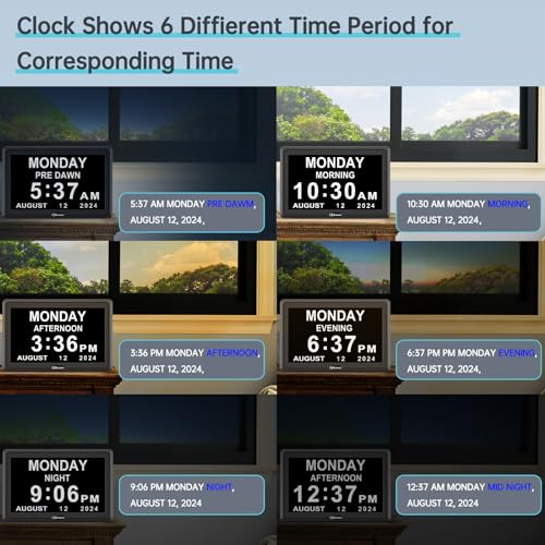 Soobest Digital Dementia Day Clock for Seniors with 12 Alarms โ Multiple Reminders for Elderly Large Display Calendar Desk Clock with Date for Gift for Alzheimer Bedroom Desk Shelf Adapter Included