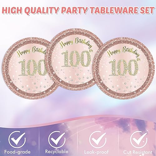 41PCS 100th Birthday Decorations Rose Gold 100 Years Old Birthday Disposable Tableware Include Plates Napkins tablecloth For Women