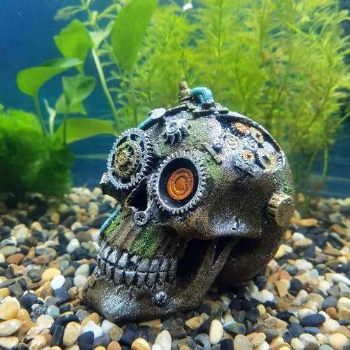 RVQIGYP Aquarium Decoration Creative Fish Tank Decoration Machine Skeleton Decoration Fish and Shrimp Dodge House Beta Fish Tank Decoration Halloween Skeleton (Mechanical Skull)