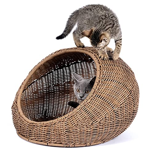 D+GARDEN Wicker Cat Bed Dome for Medium Indoor Cats - a Covered Cat Hideaway Hut of Faux Rattan Houses Pets in Dome Basket, Washable