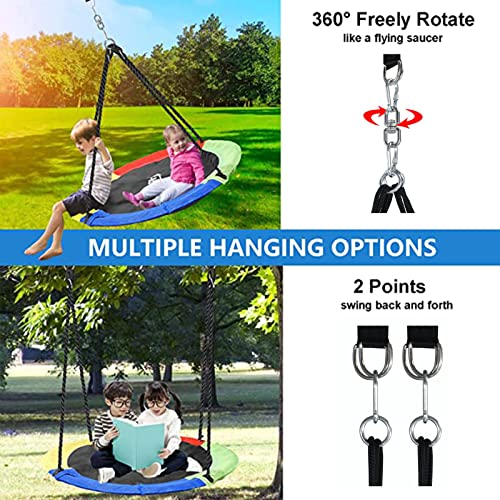 Hishine 50" Saucer Tree Swing for Kids, 360° Rotate Waterproof Flying Saucer Swing with Swivel, Hanging Straps, Adjustable Ropes, Round Mat Spinner Swing for Tree/Swing Set (Strap-Black)