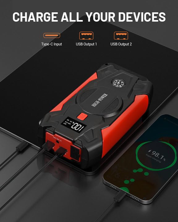 Car Jump Starter, 3000A Portable Car Battery Charger for Up to 8.5L Gas & 8.0L Diesel Engines, 12V Car Jump Box with 4 Modes Flashlight, Power Bank Function, Smart Jumper Cables