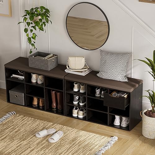 DINZI LVJ Shoe Bench, 9 Cubbies Shoe Organizer for Entryway, Storage Bench with Cushion, Cubby Shoe Rack with Adjustable Shelves for Living Room, Bedroom, Mudroom, Hallway, Espresso