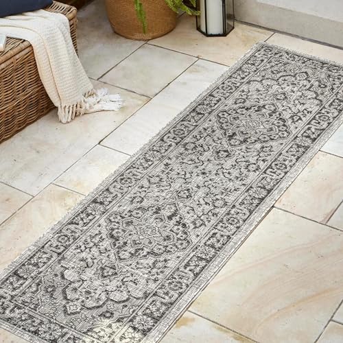 JONATHAN Y SMB102D-28 Rozetta Boho Medallion Textured Weave Indoor Outdoor Runner Rug Coastal Bohemian Rustic Glam Easy -Cleaning Bedroom Kitchen Backyard Patio Non Shedding, 2 X 8, Gray/Black