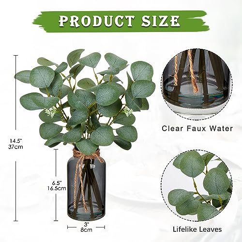 Briful Artificial Eucalyptus Stems in Amber Glass Vase with Faux Water, 14" Fake Plant Eucalyptus Leaves for Home Office Farmhouse Wedding Centerpiece Décor