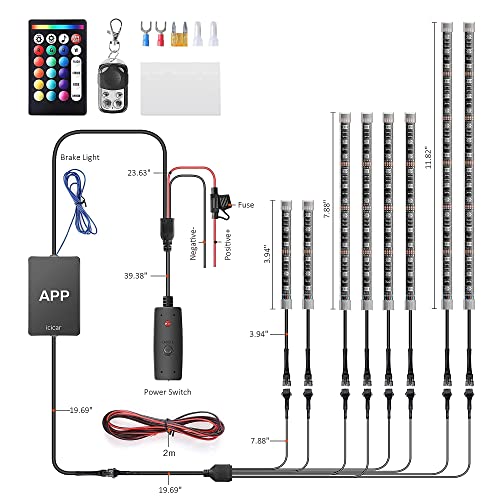 8PCS Motorcycle LED Underglow Kit, icicar Motorcycle Lights App Control Music Sync RGB LED Motorcycle Lights Brake Light Waterproof Dual Remote Motorcycle Underglow LED Light Kit for UTV ATV Golf Cart