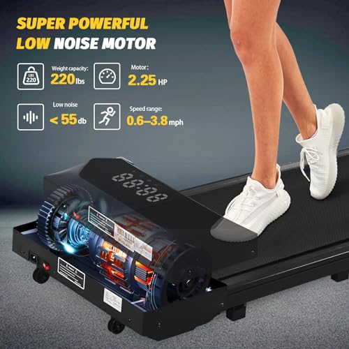 Walking Pad, Under Desk Treadmill, Walking Pad Treadmill for Home Office, 2.25HP Portable Treadmill with 220lb Capacity, Walking Treadmill with Remote Control/App Control LED Display, Black