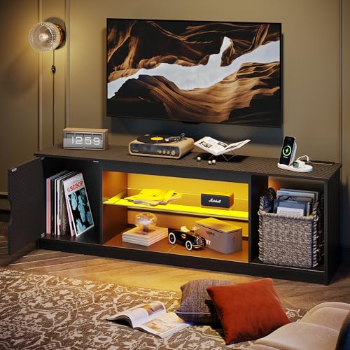 Bestier LED TV Stand with Power Outlets for 55/60/65 Inch TV, Gaming Entertainment Center with Cabinet for PS5, Modern TV Cabinet with Adjustable Glass Shelves for Living Room, Bedroom 58 Inch,Black