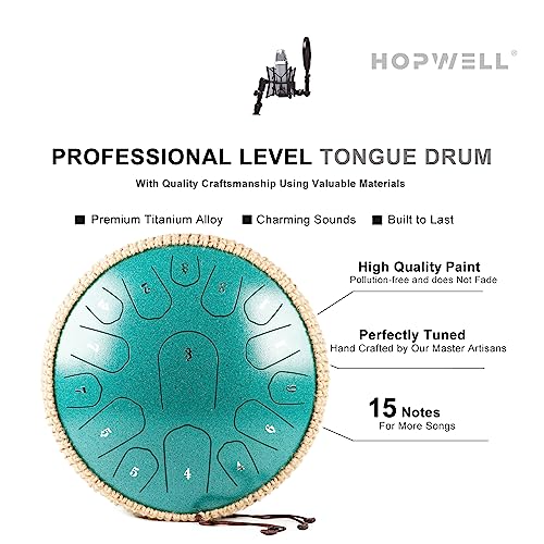 HOPWELL Steel Tongue Drum - 13 Inches 15 Notes Tongue Drum - Hand Pan Drum with Music Book, Handpan Drums Mallets and Carry Bag, D Major (Malachite Green)